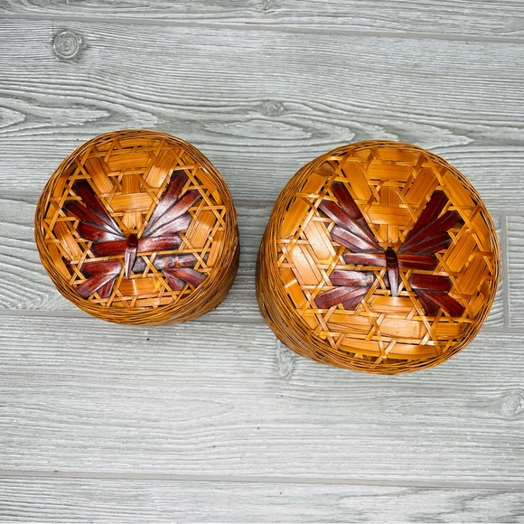 Vintage wicker woven butterfly nesting trinket baskets boho decoration set of 2 - Picture 2 of 8